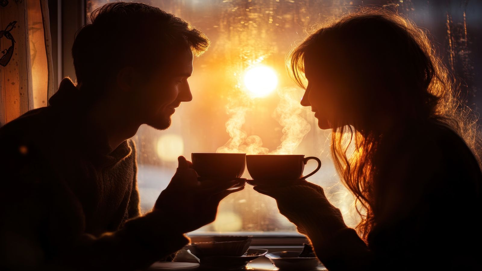 Two people engaged in genuine conversation over coffee, with warm lighting and an atmosphere of connection