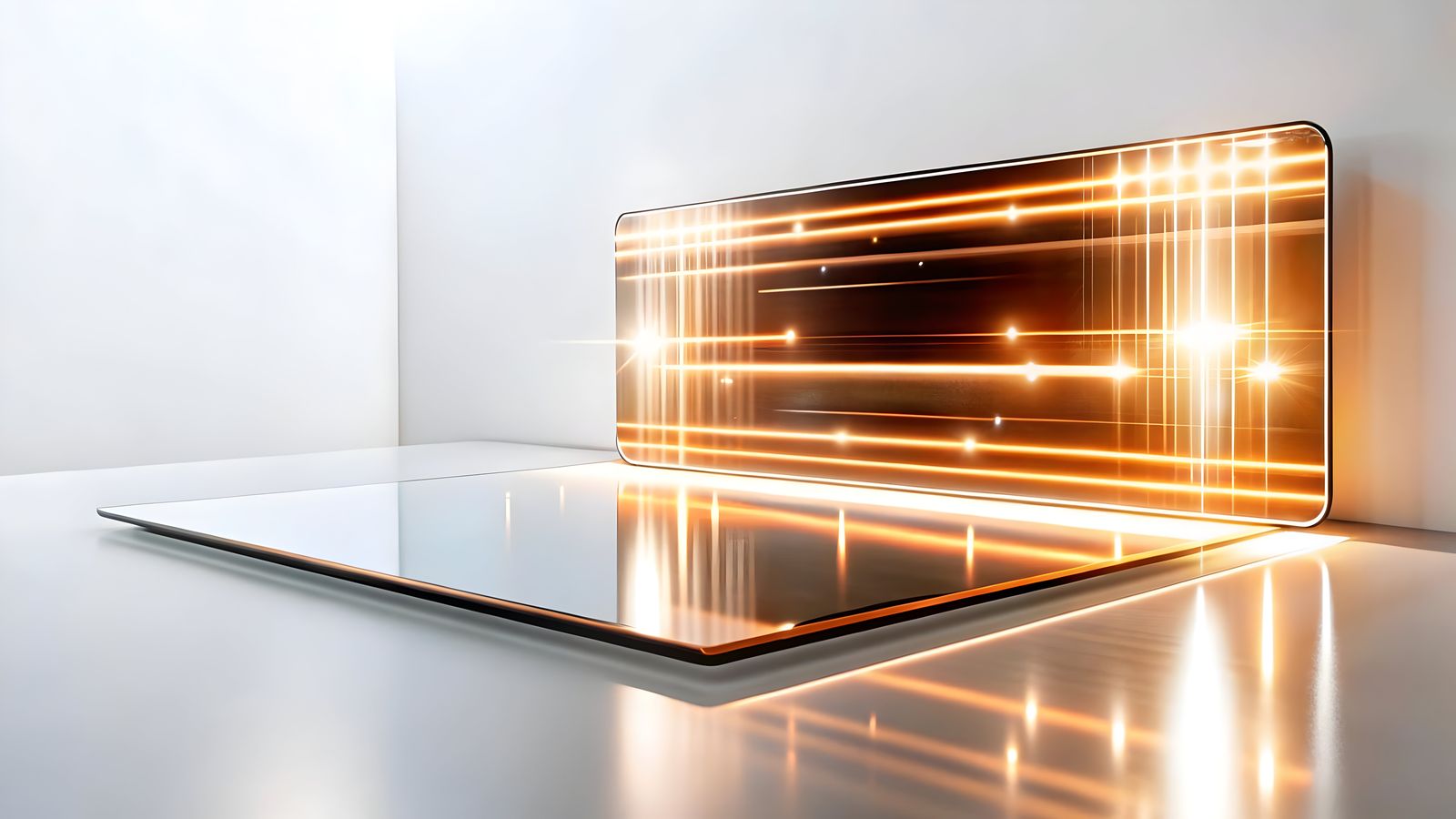 A layered 3D web interface with floating product cards, depth shadows, and parallax elements on a dark background