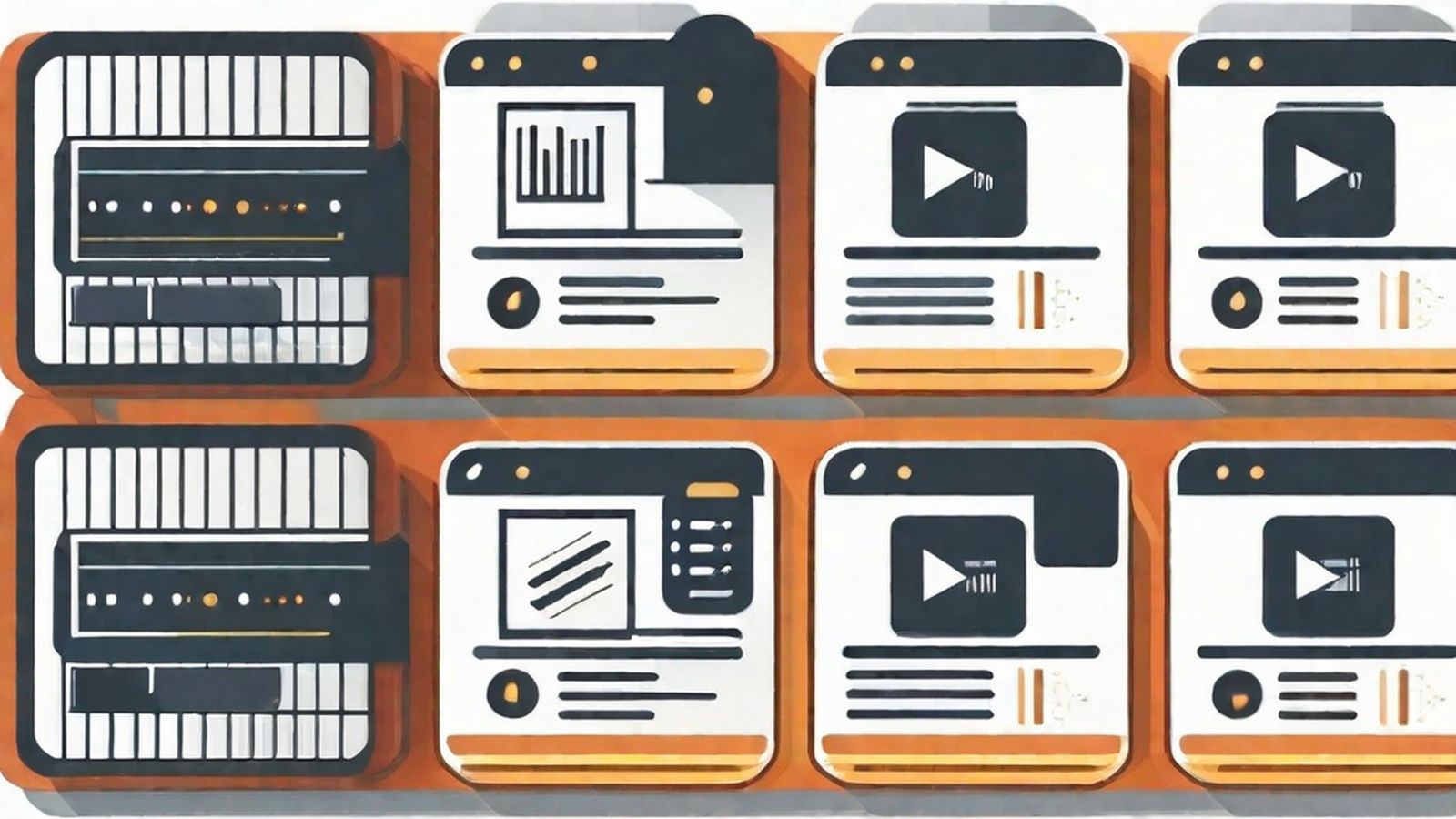 A dynamic composition showing multiple content formats—video player, interactive elements, and editorial layouts—layered together
