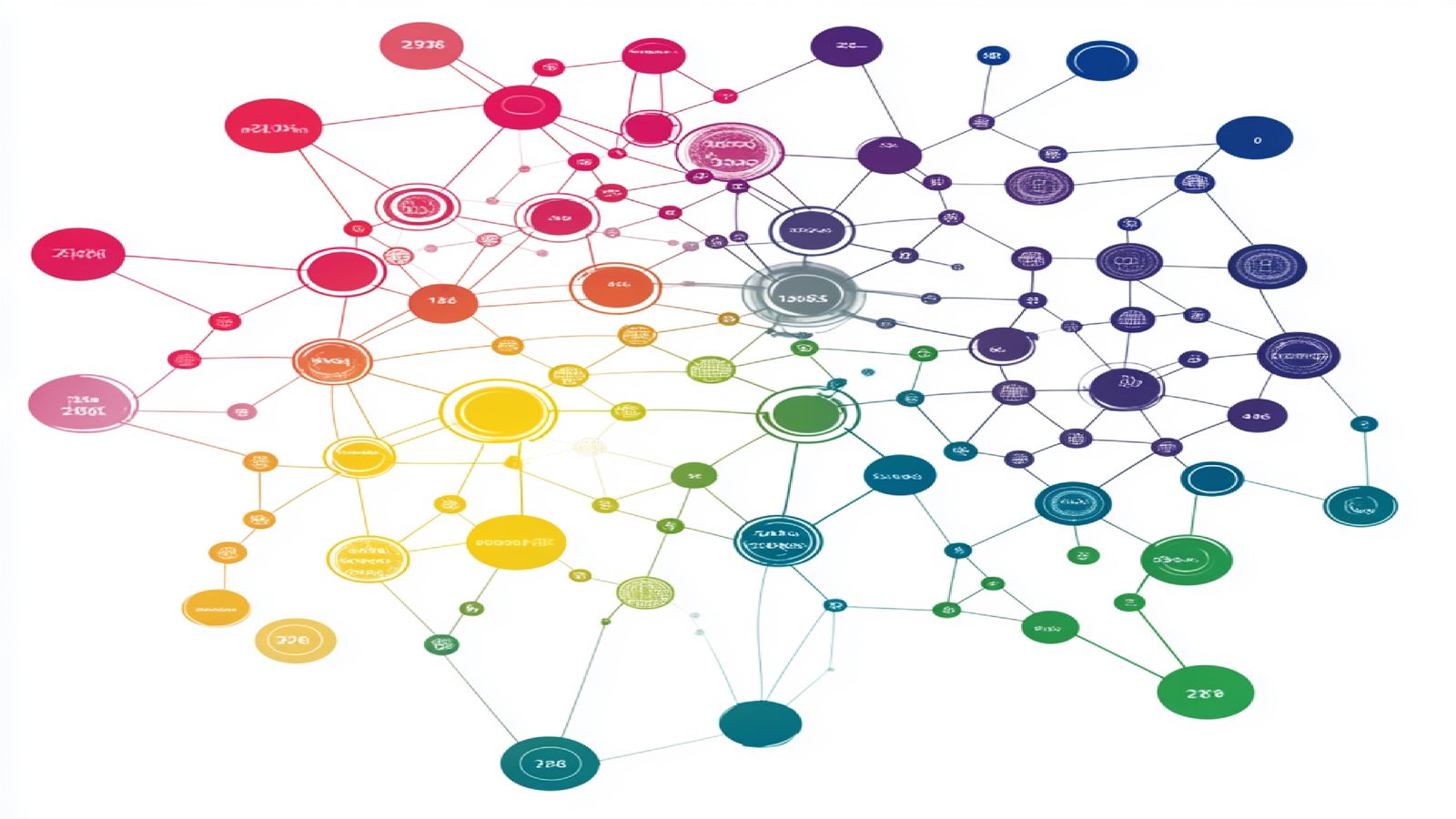 A network diagram showing interconnected content nodes organized around central topic hubs